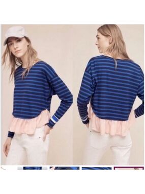 Anthropologie Deltta Striped Blue and Pink Ruffle Top Size Small